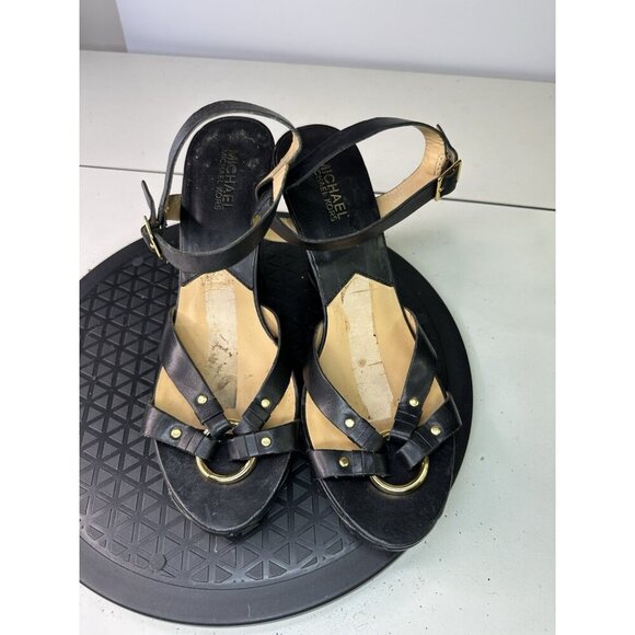 Michael Kors Sandals Black Leather Wedge Sz 8.5 - Picture 2 of 8